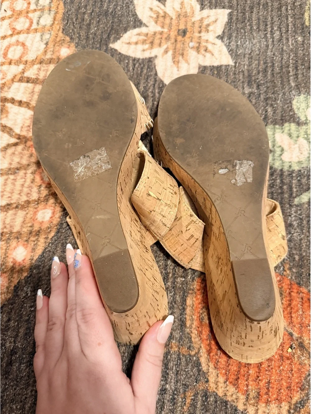 Jack Rogers Cork Wedge Slide Sandals Metallic Gold Whipstitch Size 7.5
